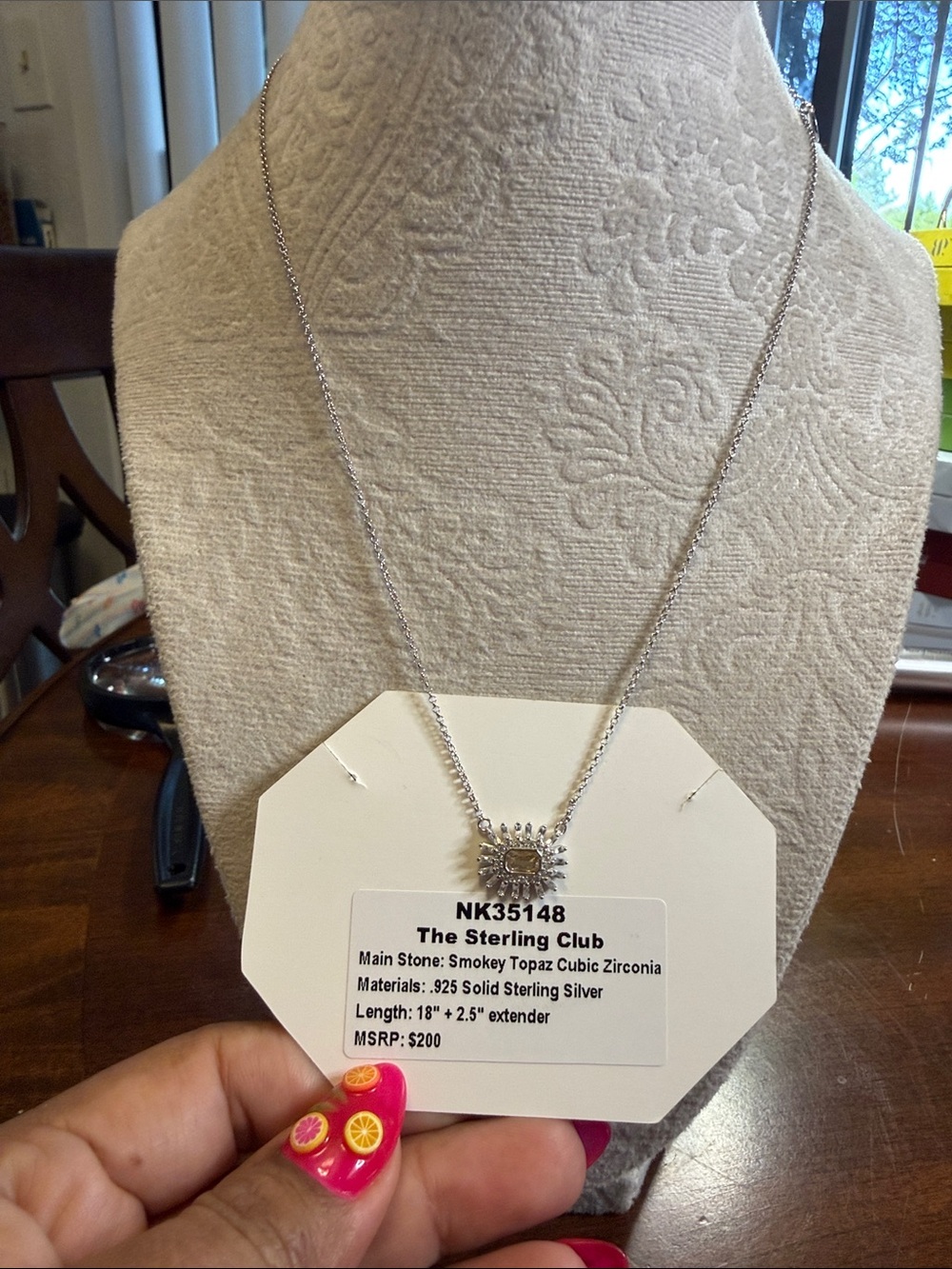 Solid Sterling silver / Smokey Topaz Halo Necklace - Silver